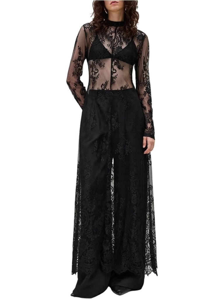 Women's Black Goth Floral Lace Sheer Dress Elegant Ruffle Long Sleeve Maxi Dress